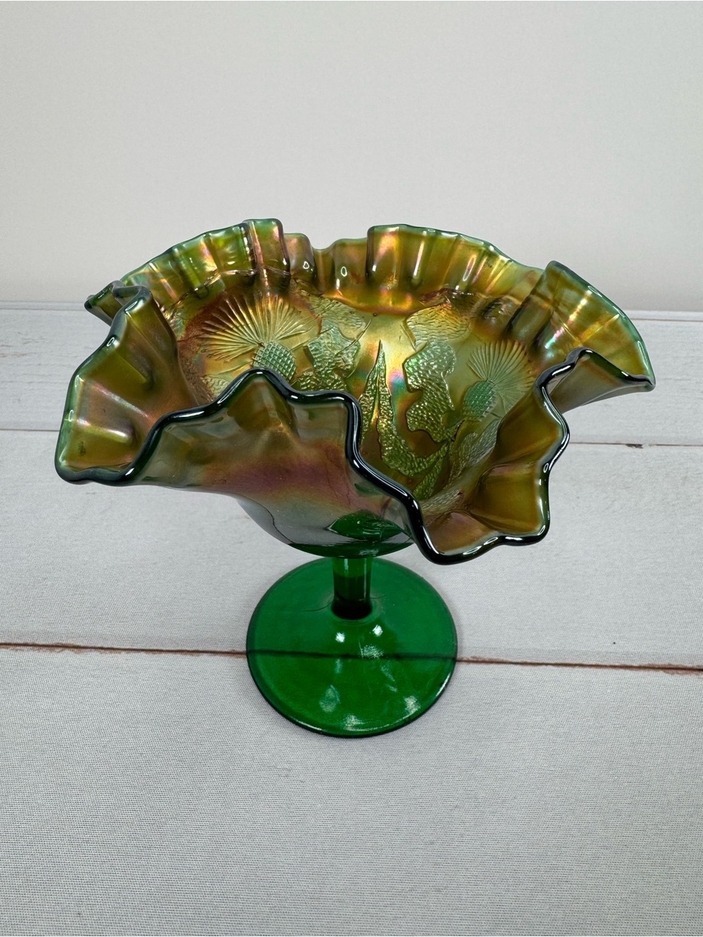 Antique Fenton Thistle Green Carnival Glass Ruffled Footed Compote